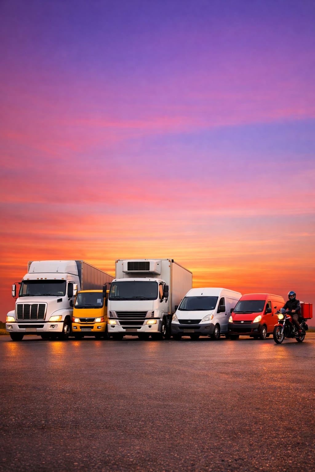 مجموعة من أنواع السيارات المختلفة في الكويت، تشمل سيارات نقل العفش، شاحنات البضائع، كرينات ونيت للنقل والتوصيل